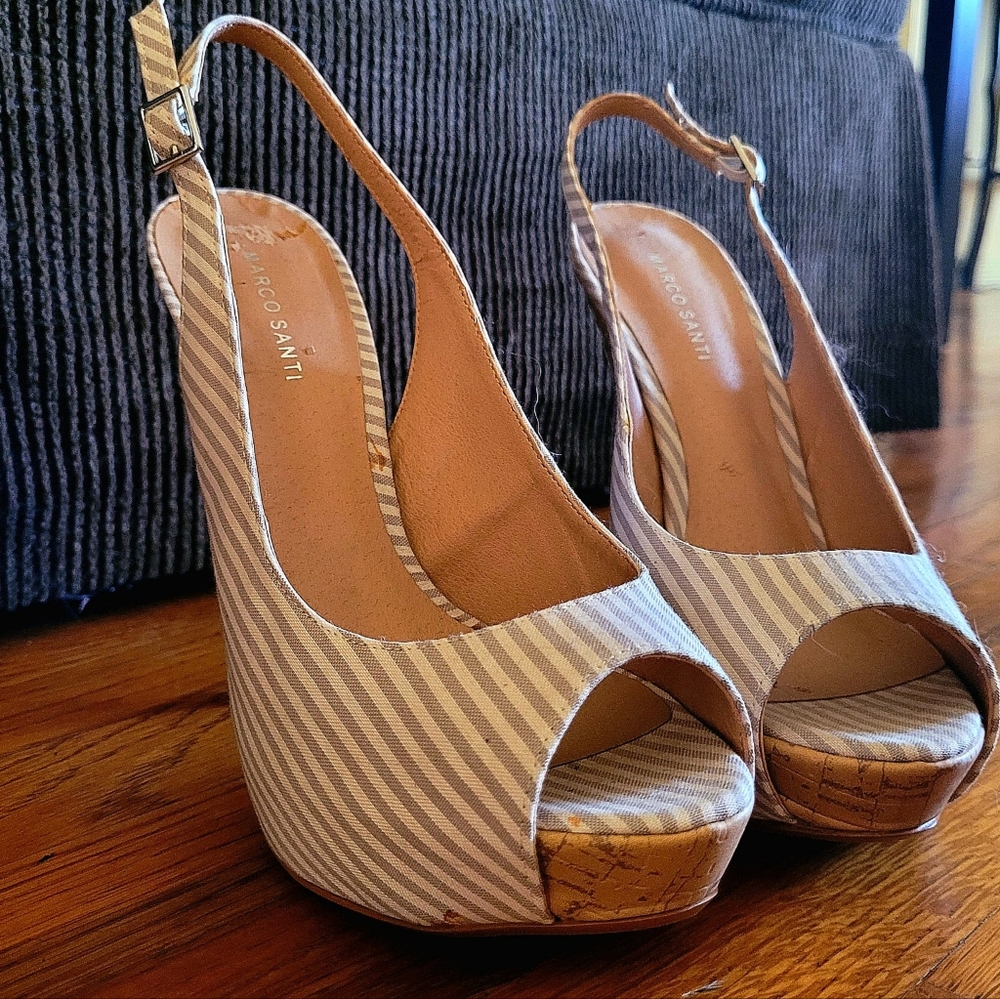 White and gray Pinstriped platforms, size 7.5. Marco Santi